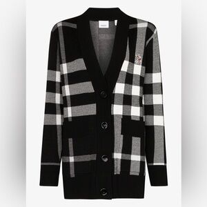 Burberry Deer Motif Check Wool Blend Jacquard Cardigan In Black XS